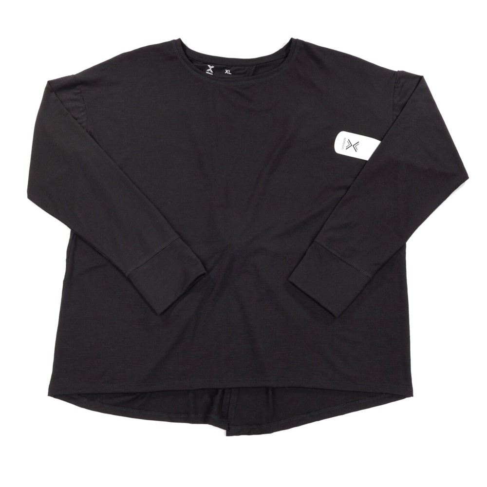 Xersion Women's Round Neck Long Sleeve Loose Fit Twist Thumb Hole Top Black XL